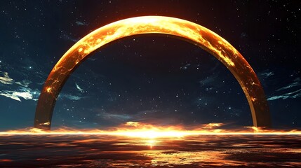 Poster - Captivating 3d illustration of a fire arch gracefully curving in the sky against a stunning alien world backdrop