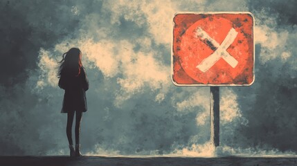 Woman facing road closure sign in ominous weather