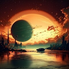 Wall Mural - striking cosmic scene featuring a stunning planet gracefully hovering against the vermillion sky bac
