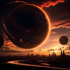 Wall Mural - enigmatic planet with a vibrant city in the background under the glow of cosmic planets in a vermill