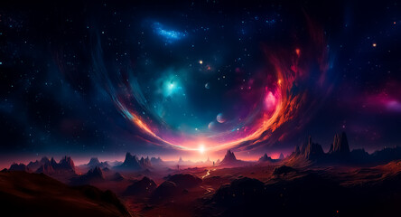Poster - A breathtaking cosmic vista unfolds with a vibrant nebula swirling across the sky, illuminating a rugged alien landscape with distant planets and glowing stars.