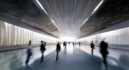 Leinwandbilder - Blurred figures walk through a bright tunnel with a perspective view. Light illuminates the end of the corridor, creating depth and motion.