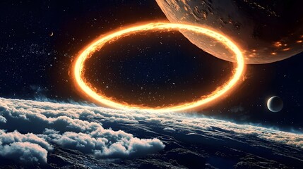 Poster - Enchanting of fire illuminating the sky above an alien horizon creating a dreamlike ethereal atmosphere