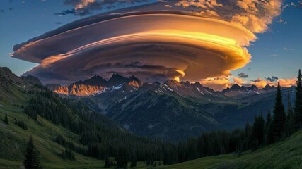 Poster - Lenticular cloud over mountain range during sunset, dramatic sky. Nature phenomenon