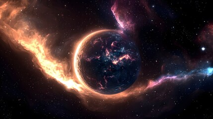 Poster - A planetary planet floating through space in a dreamlike cosmic landscape with crystalline beauty and wonder