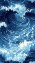 Poster - Dynamic ocean wave art in captivating shades of blue with white foam and dramatic swirls creating a powerful visual impact for stock photography