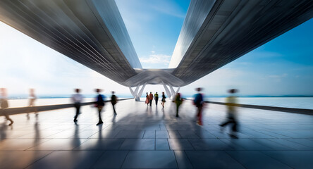 Poster - Modern bridge structure with blurred people walking on a platform under a bright blue sky. Perspective from below.