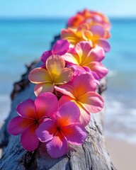 Poster - Tropical plumeria flowers adorn weathered driftwood against the backdrop of the turquoise sea casting a serene and vibrant visual mood