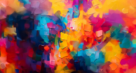 Poster - Vibrant abstract painting showcases a dynamic mix of bright colors.  Textured brushstrokes create depth and movement, resulting in a lively and expressive composition.