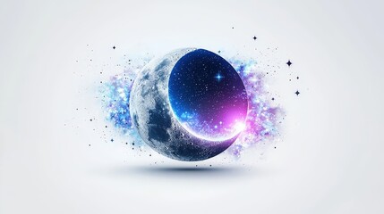 Poster - modern 3d night sky symbol, smooth moon and stars, elegant darkness, crisp details, floating on a wh