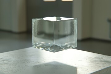 Poster - Floating transparent cube with bubbles illuminated by soft light