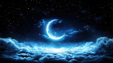 Poster - Modern 3D night sky symbol, smooth moon and stars, elegant darkness, crisp details, floating on a white background, 8K.