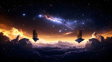Poster - A stunning space station floating high in the sky amidst vibrant nebula clouds shimmering with colors