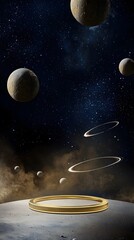 Poster - Futuristic space station surrounded by planets and a golden in a deep navy sky with stars and cosmic wonders
