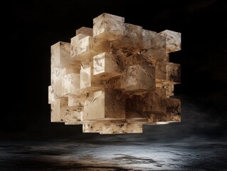 Poster - Abstract beige stone cube sculpture.