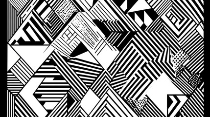Fototapete - Abstract black and white geometric pattern with triangles, lines, and squares.