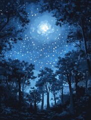Wall Mural - Enchanted forest canopy under a celestial moonlit sky with twinkling stars in a tranquil night scene