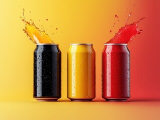 Poster - Refreshing Trio of Colorful Soda Cans with Splashing Liquid on a Vibrant Gradient Background, Studio Shot, Beverage Photography