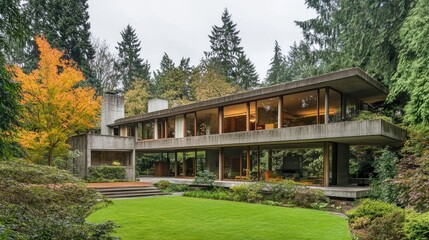 Poster - Concrete modern home blending industrial and natural elements.