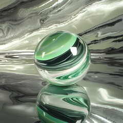 Poster - Abstract Green and White Marble Sphere on Reflective Surface