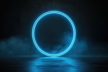Poster - Glowing Blue Neon Circle on Dark Background with Fog Effect
