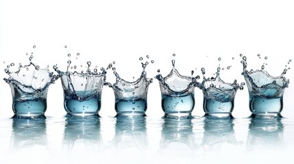 Poster - Captivating Water Splash Symphony in Glassware Array on Reflective Surface Against White Backdrop Liquid Motion