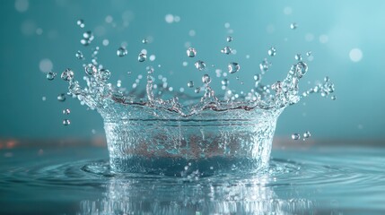 Poster - Captivating Macro Shot of a Water Drop Collision Creating a Crown Splash on a Serene Blue Background with Bokeh