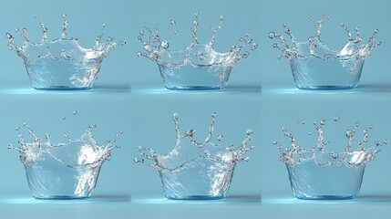 Poster - Captivating Water Crown Splash Collection on Light Blue Background High Speed Photography with Liquid Motion and Dynamic Fluid Artistry