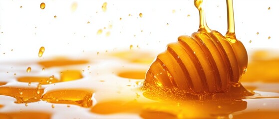 Poster - Golden honey dripping from dipper creating sweet texture on white surface in studio light food photography