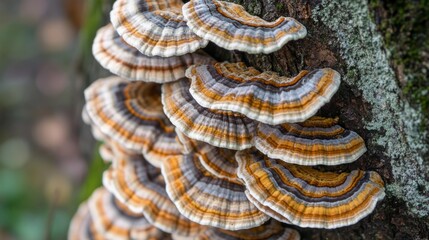 Poster - Create  prompts for stock photos related to A closeup shot of Turkey tail fungi with patterned caps growing near a tree trunk with - characters and ending with
