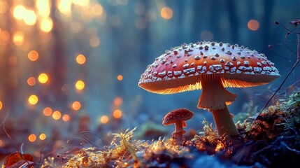 Aufkleber - Create  prompts for stock photos related to A closeup shot of Amanita muscaria mushroom in the forest with - characters and ending with