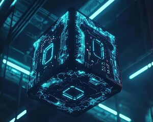 Poster - Futuristic 3D Cube with Neon Glow and Circuit Patterns in Space