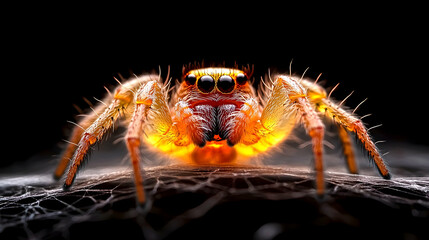 Close-up of an arachnid on its web showcasing intricate details of its hairy legs and multifaceted eyes