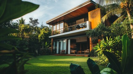 Poster - Create  prompts for stock photos related to a Spacious contemporary house with lush greenery surrounding it with - characters and ending with