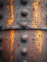 Poster - Detailed Close Up of a Weathered Rusty Metal Structure with Rivets and Orange Patches for Industrial Texture