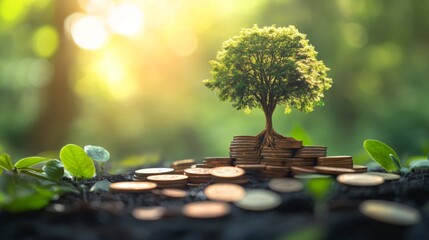 Poster - Create  prompts for stock photos related to Economic growth, saving money and business ideas concept, The trees is growing on the pile of coins with - characters and ending with