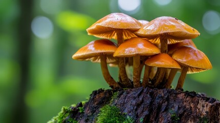 Poster - Create  prompts for stock photos related to Mushrooms group Kuehneromyces mutabilis on a tree stump with - characters and ending with