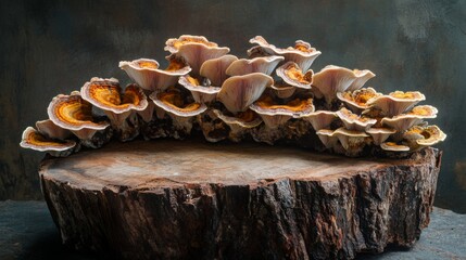 Poster - Create  prompts for stock photos related to Reishi mushroom colony growing on a tree stump with - characters and ending with