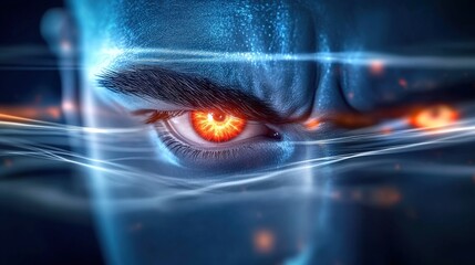 Poster - Intense emotion displaying fiery eyes futuristic environment digital art close-up view concept of inner strength