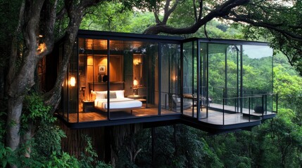 Poster - Glass-walled modern house surrounded by trees and nature.