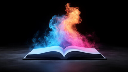Poster - 3D illustration of floating open book with colorful smoke emanating from it, creating magical atmosphere