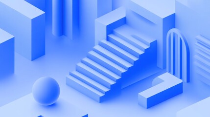 Fototapete - Abstract blue 3D rendering of stairs, geometric shapes, and a sphere.