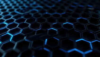 Poster - Abstract blue glowing hexagonal grid pattern.