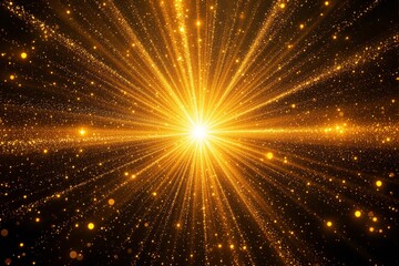 Poster - Golden light burst with sparkling particles and glowing rays on a dark background.