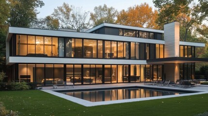 Poster - Minimalist house with floor-to-ceiling windows, open interiors, and soft neutral tones.
