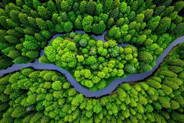 Poster - Aerial view of lush green forest with winding river forming a natural heart shape.