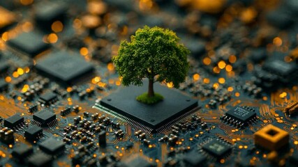 Poster - Microchip with green tree on circuit board, technology and nature concept