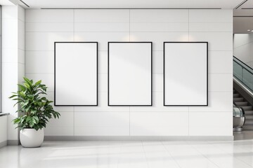 Poster - Blank posters in black frames on a modern white wall with a green plant and escalator nearby in a clean, bright interior space.