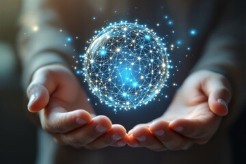 Poster - Abstract glowing sphere of interconnected nodes held by hands on dark background.