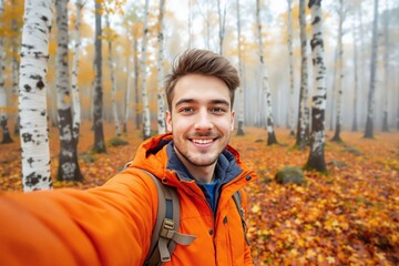 Poster - Man taking a selfie in a misty autumn forest with colorful leaves and birch trees in the background.
